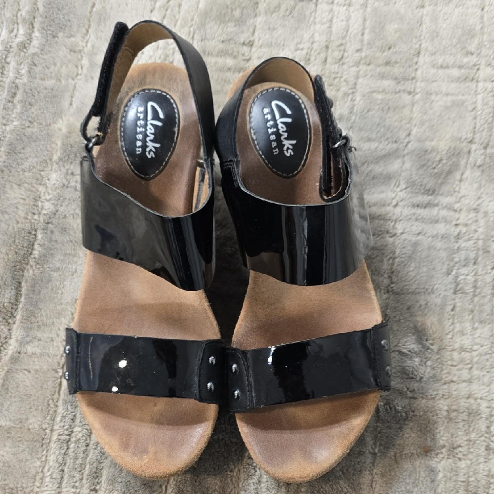 Clarks Black Patent Leather Wedge Sandals with Stud Detail